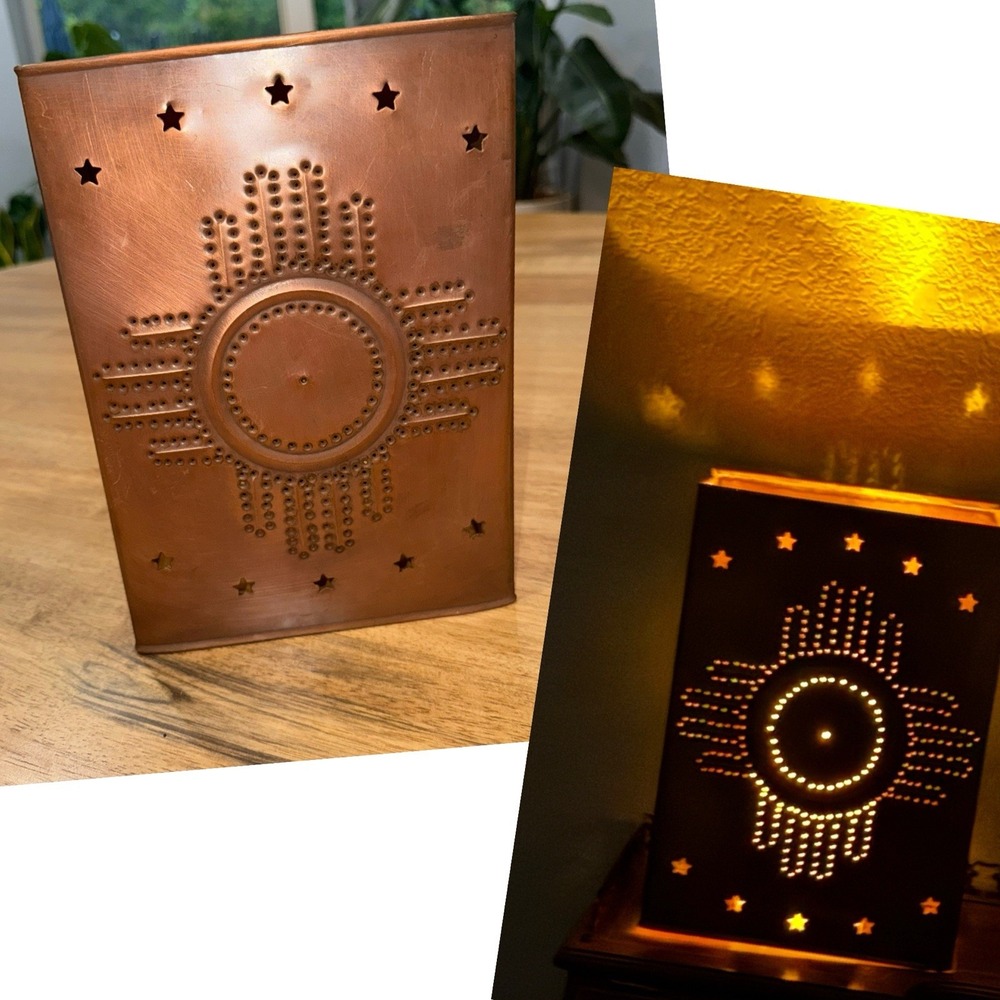Southwestern Punched Metal Luminaria Candle Holder Zia Sun New Mexico Lantern